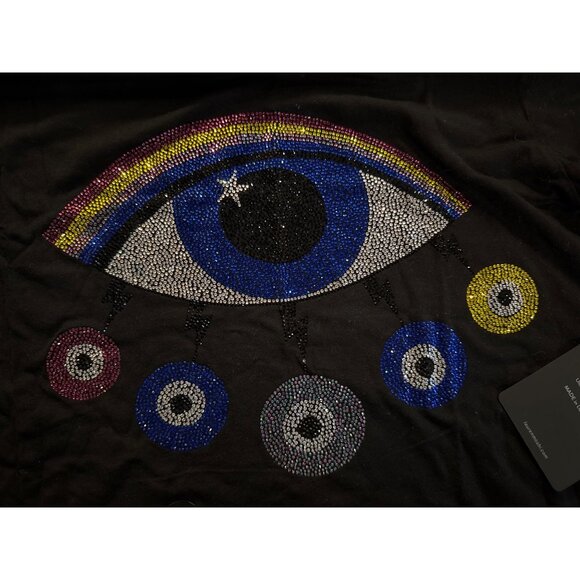 Lauren Moshi Crystal Rainbow Evil Eye T-Shirt Top Black Small New With Tag - Picture 8 of 8